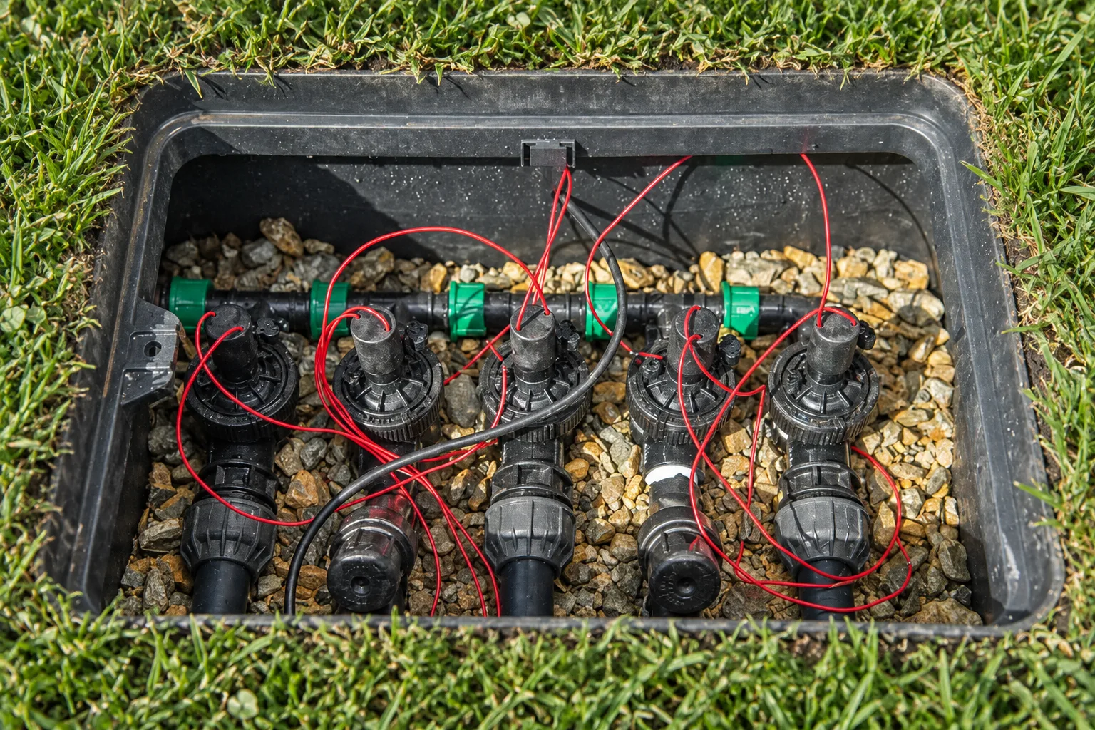Landscape irrigation valve manifold arranged inside an accessible valve box